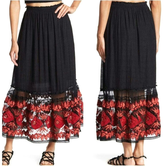 Free People Black Floral Embroidered Skirt Midi Roses Flowy Boho Bohemian Small - Picture 8 of 15